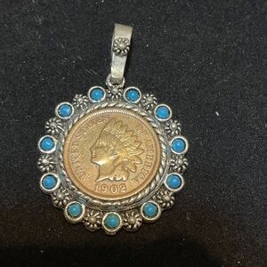 Silver and Turquoise Indian had penny 1902 Coin Pendant